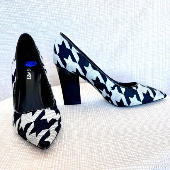 Vintage Nine West Fabric Houndstooth Architectural Patent Leather Heel M… - Picture 1 of 16